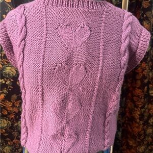 Hand-Knit Pink Heart Cable Short-Sleeve Sweater